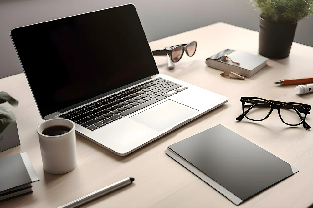 Modern Workplace With Laptop Glasses Other Items Wooden Table Mock Up