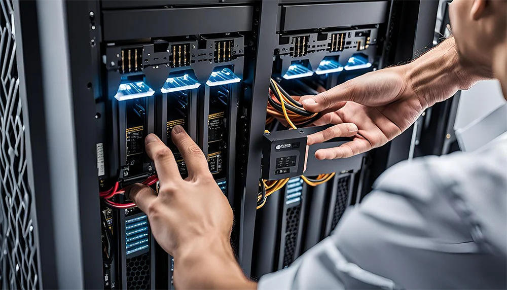 Closeup Hands Installing Server Rackmounted Ups Battery Pack