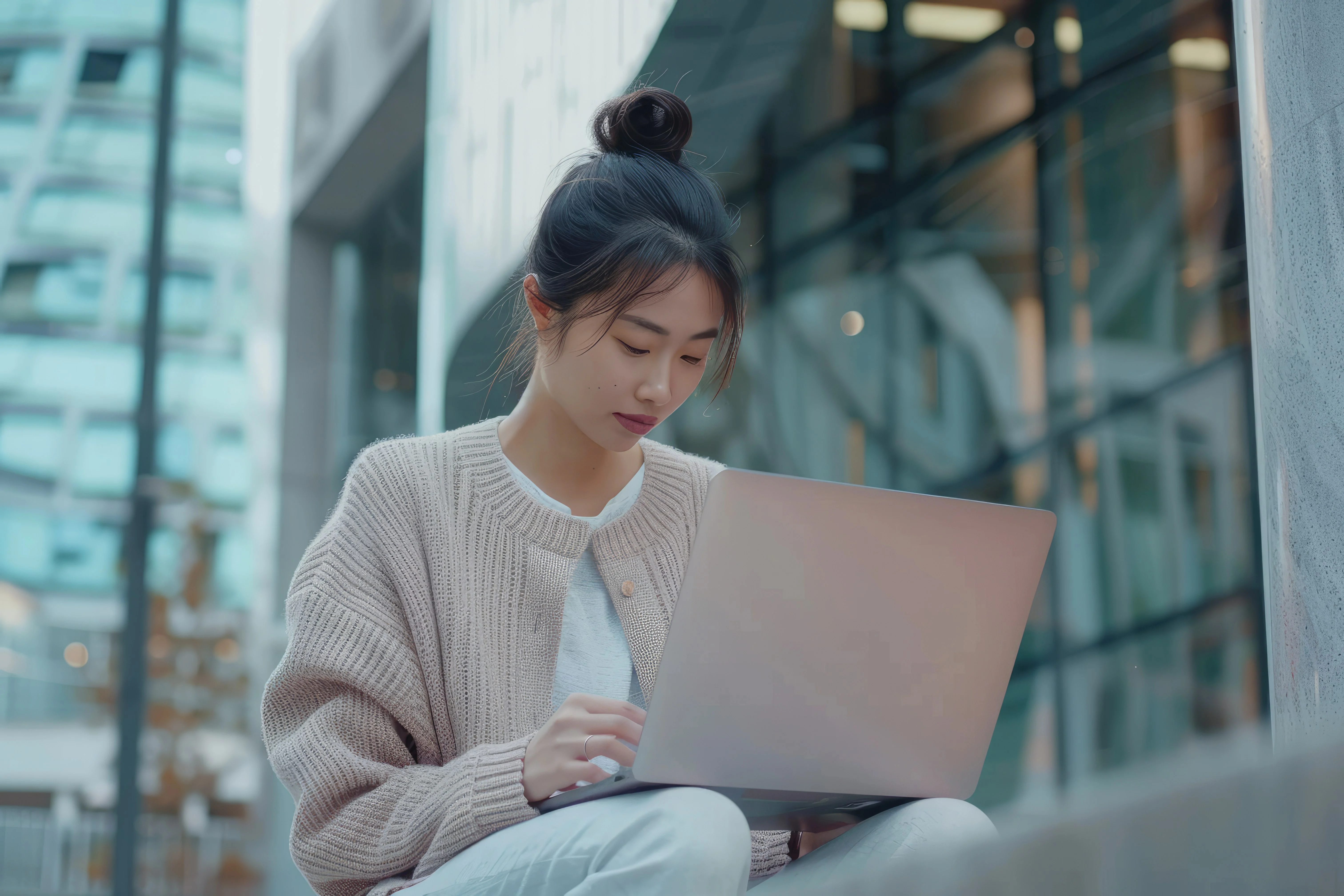 Woman Using Laptop Outside Building 0