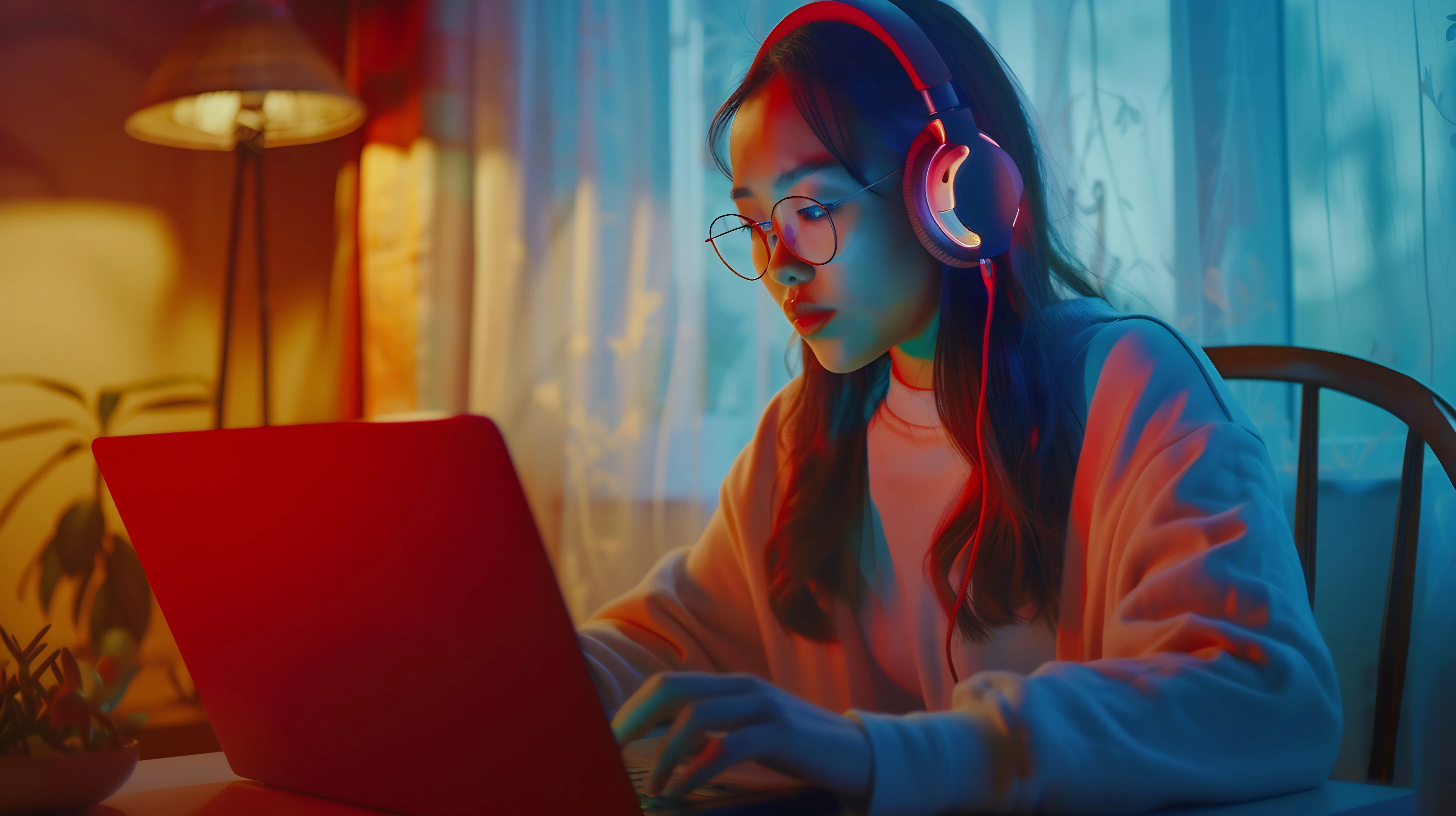 Beautiful Portrait Student Learning Line Watching Video Tutorials With Red Generative Ai 0